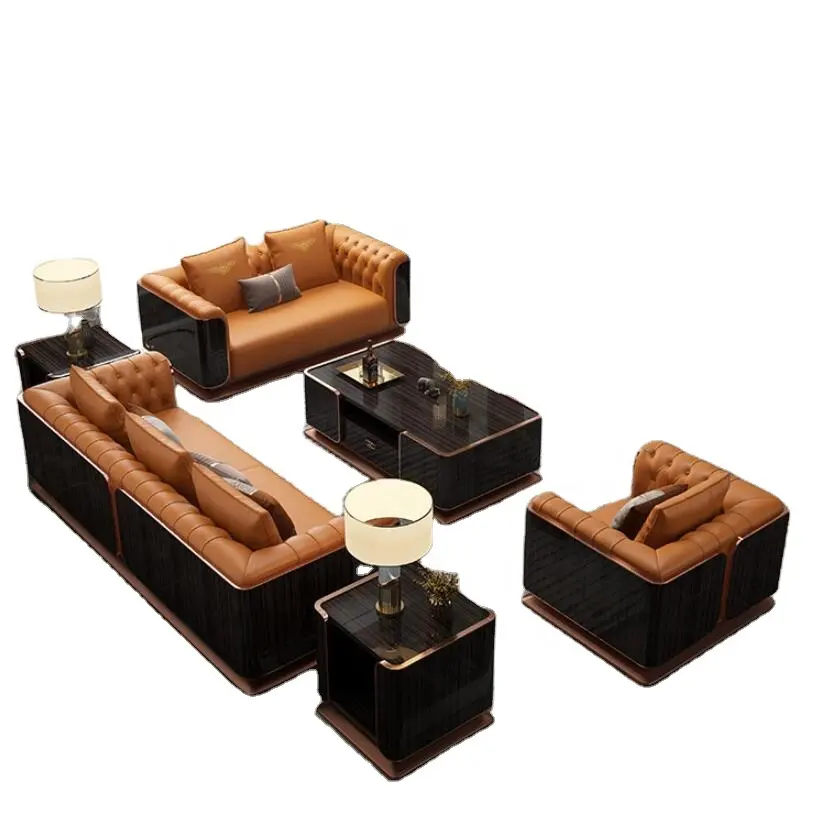 Italian luxury modern design home hotel living room furniture beige color wooden panel lounge sofa set