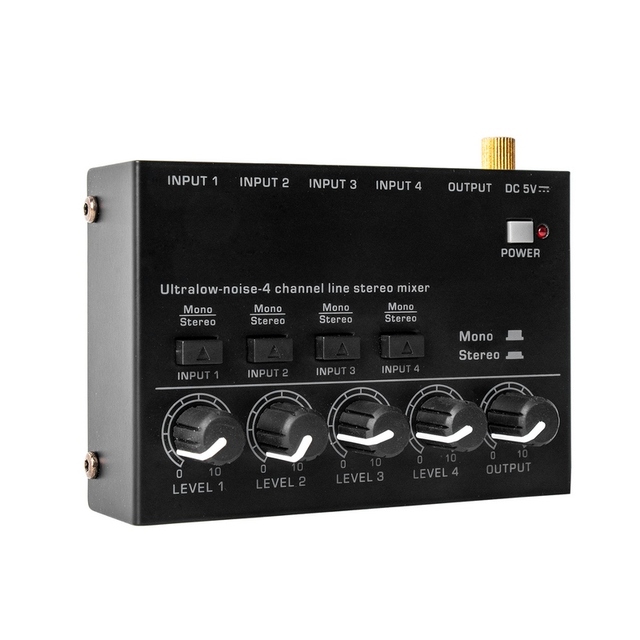 Ultra Low Noise 4 Channel Line Stereo Mixer 4 Input 1 Output DC 5V Portable Audio Mixer Microphone Guitar Bass Keyboard Mixers