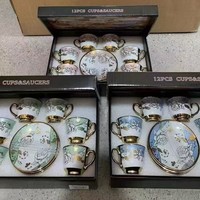 Service à café en céramique de style européen, 6 tasses et 6 assiettes, finition électrolytique, coffret cadeau, idéal pour le Moyen-Orient, en promotion