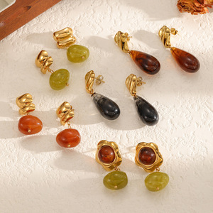 Pendientes de Resina con Forma de Gota Ovalada Retro, Venta al por Mayor, Pendientes Coreanos Antideslustre, Diseño de Acero Inoxidable, Regalos de Joyería - Product Image 1
