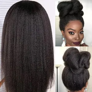 150% 180% Density Kinky Straight Yaki Cuticle Aligned Virgin Hair Wig Pre Pluck Human Hair Lace Front Wig Raw Brazilian Lace Wig