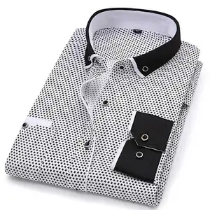 Wholesale Fashion Long Sleeve Printed Slim Fit Business Dress Shirts For Men Black And White Contrast Man Button Down Shirt