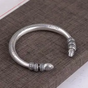 Pulsera de plata de ley 999 con seis palabras para hombre y mujer, brazalete de Mantra tibetano con corazón budista, brazalete de Sutra