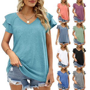 W3975 abbigliamento <span class=keywords><strong>donna</strong></span> estate tinta unita <span class=keywords><strong>con</strong></span> colletto a V a doppio strato manica allentata Top T-Shirt moda all'ingrosso T-Shirt - Product Image 1