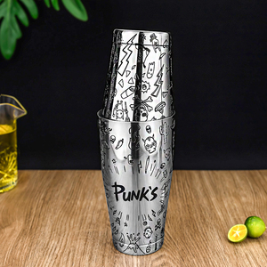 Coctelera Boston de Acero Inoxidable 304 con Diseño Grabado Temático Punk, 850+550ml, para Bar, Club, Hotel - Product Image 1