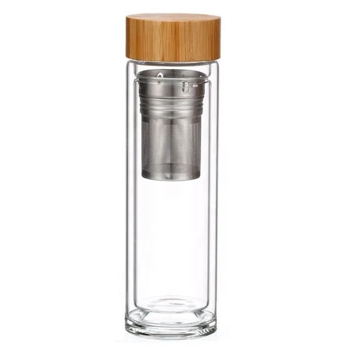 Garrafa de água quente e fria h2o limão infusor de frutas borosilicate garrafa de vidro com tampa de madeira