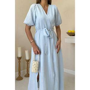 Vestido Casual de Muselina de Lino Azul Bebé, Estilo Envolvente, al por Mayor - Product Image 2