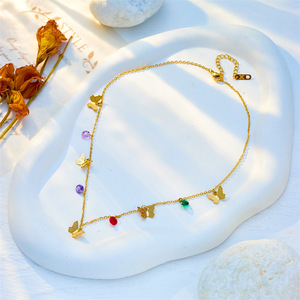 Butterfly Pendant Necklace Gold Color Faceted Beads Titanium Steel Chain Daily Wear Gift Jewelry - Product Image 3