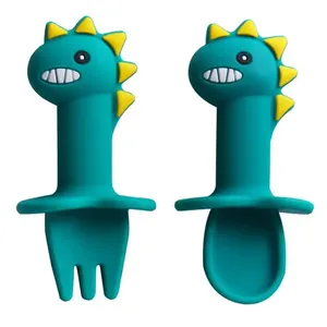 Cute Design Food Grade Silicone Bpa-free Dinosaur Shape Baby Learn Feeding Soft Spoon And Fork Set