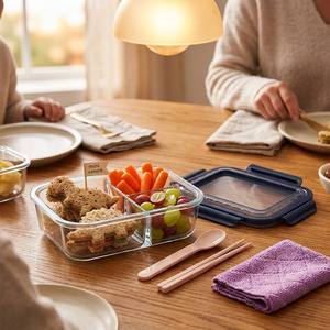 Boîte à bento en verre à 3 compartiments avec couverts, couvercle bleu profond, système de ventilation breveté, étanche, en verre borosilicate, pour la préparation des repas, compatible four - Product Image 4