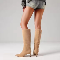 Hochwertige Damen Trendy Kleid Wildleder Leder Pull on Pointed Toe Low Wide Kalb Kätzchen Absatz High Long Tall Knee High Boots