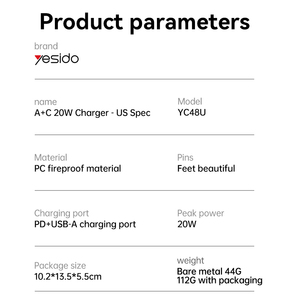 Yesido yc48u nhiều bảo vệ pd20w + qc18w USB-C & USB cổng kép sạc nhanh chúng tôi Spec sạc - Product Image 5