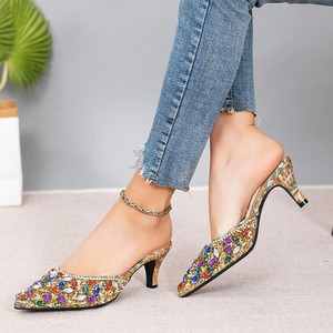 Elegantes Sandalias de Tacón con Punta Puntiaguda y Decoración de Pedrería, Tacón Medio, Sin Cordones, Zapatos de Mujer, Colores Mezclados - Product Image 4