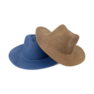 Nouveau produit plage paille vente en gros dame soleil une pièce <span class=keywords><strong>2022</strong></span> grand ensemble uni bleu embelli chapeau d'été pour femme - Product Image 2