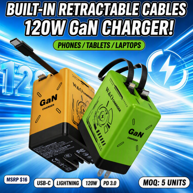 120W GaN USB-C Fast Charger with Retractable Cable PD3.0/PPS Wall Travel Adapter for Laptop & Mobile Phone US/EU/UK Plug