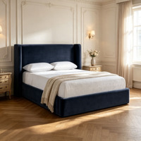 Lit plateforme capitonné de luxe bleu marine en velours avec rangement, cadre de lit à dossier haut, taille King, mobilier de chambre moderne