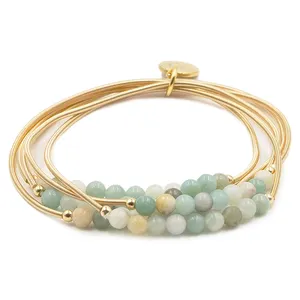 Natural Stone <strong>Agate</strong> Beaded Guitar <strong>String</strong> Bracelet Stacks,Stainless Steel Memory Spring Bracelets Set - Product Image 1