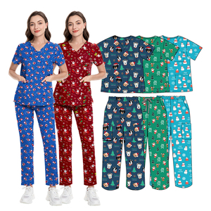 Ensembles de gommage à motifs imprimés personnalisés Haut col en V à manches courtes unisexe Uniforme de gommage imprimé médical de Noël - Product Image 3