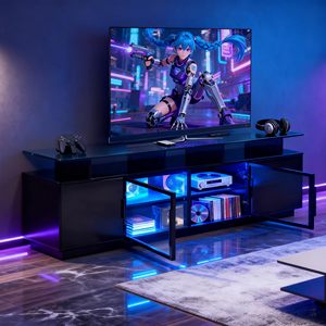 Soporte de TV negro de 70 pulgadas para sala de estar, centro de entretenimiento LED, consola moderna para juegos, puerta de vidrio transparente ajustable - Product Image 5