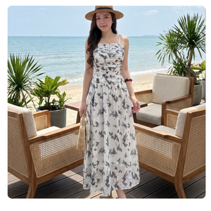 Robe longue décontractée d'été pour femme en mousseline florale, avec corsage froncé, col carré, coupe trapèze, bretelles spaghetti, fluide, style resort OEM ODM - Product Image 1