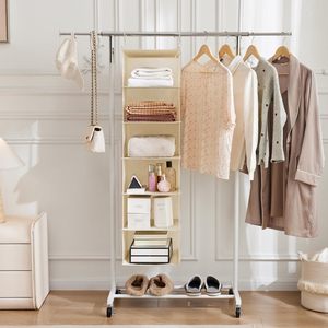 6 Tier Hanging Closet Organizer Cloth <b>Shelf</b> With 2 <b>Hooks</b> Foldable Storage For Bedroom Beige 33x15x85cm Non Woven Fabric - Product Image 4