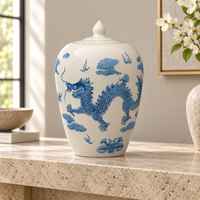 Urne funéraire en porcelaine blanche en forme de vase Qianrui avec dragon bleu dessiné à la main, fourniture personnalisée pour les distributeurs funéraires