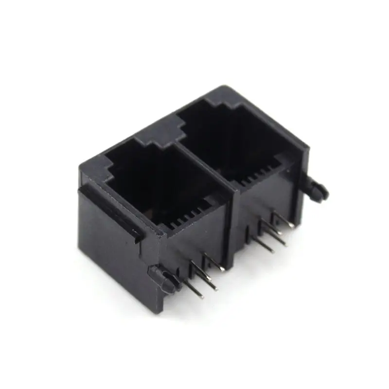 RJ11 soket ganda 6P4C konektor antarmuka jaringan hitam RJ-11 soket telepon PCB Mount Modular