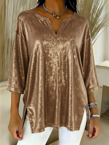 Camiseta Brillante con Cuello en V para Mujer, Camiseta Metálica Brillante para Fiesta, Lista para Enviar - Product Image 4