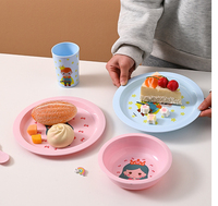 Ensemble de vaisselle pour enfants avec un design mignon d'animaux, assiette ronde, bol, fourchette, cuillère et gobelet à eau, 5 pièces