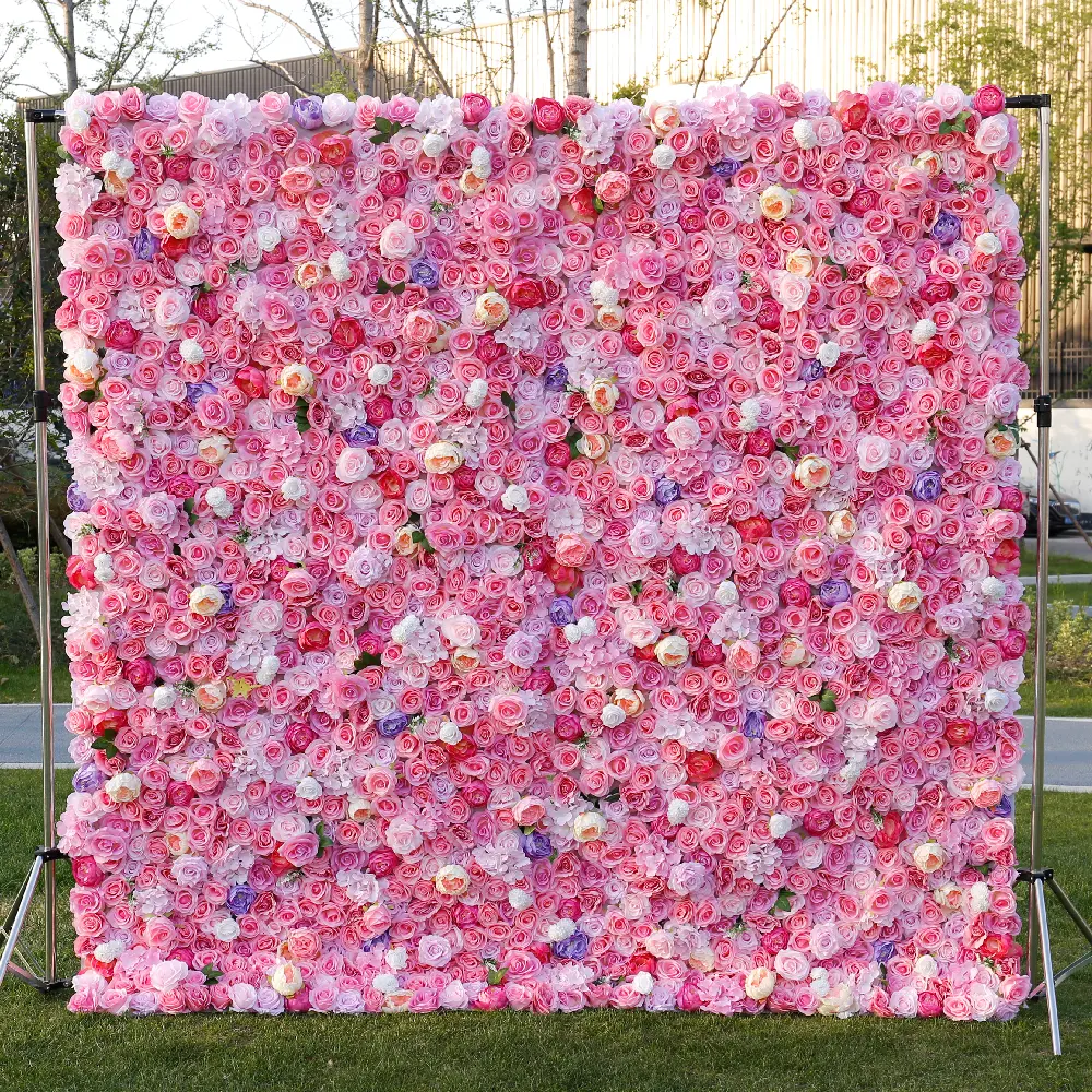 Individuelles 3D-Einrolltuch rosa Seide Rose Blumenwand Kulisse Blumenplatte Dekor künstliche Blumenwand für Hochzeitsdekoration