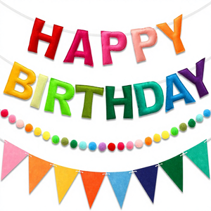 Guirlande en feutre pré-enfilée à motif arc-en-ciel Joyeux Anniversaire, décorations d'anniversaire colorées |   Articles de fête réutilisables pour l'intérieur - Product Image 1