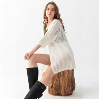 Cárdigan de punto blanco para mujer, con frente abierto, manga tres cuartos, diseño hueco, suéter largo informal de verano, cuello redondo, capa transparente