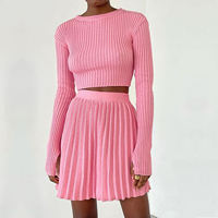 Vêtements de sport décontracté fille Sexy manches longues haut tricoté Mini robe costume femmes pull Tennis 2 pièces jupe ensemble plissé
