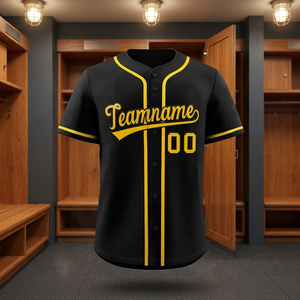 Maillot de baseball noir personnalisé avec bordure jaune, maille respirante, boutons, manches courtes, nom et numéro de l'équipe - Product Image 2