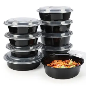 Черные круглые полипропиленовые пластиковые миски для приготовления еды для салатов, одноразовая пластиковая миска с крышкой, миска для упаковки в микроволновую печь, 32 унции