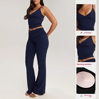Nouvel ensemble de vêtements de yoga solides, anti-transpiration, avec haut plissé à bretelles et pantalon large d'entraînement 2 pièces en Spandex/Nylon pour femme