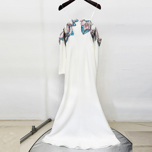 Abito da Sera Lungo Elegante da Donna con <span class=keywords><strong>Maniche</strong></span> <span class=keywords><strong>Lunghe</strong></span>, <span class=keywords><strong>Vestito</strong></span> Formale di Lusso con Paillettes e Perline, Abito a Sirena Bianco Senza Spalline - Product Image 4