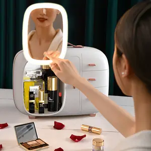 Kotak Laci Portabel Tahan Debu Kapasitas Besar, Kotak Penyimpanan Gagang Desktop Makeup Kosmetik dengan Cermin Led