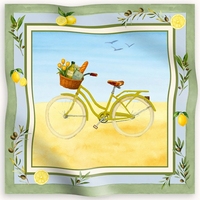 Foulard carré en soie imprimé motif pique-nique à vélo campagne française, style aquarelle vintage, citron et branche d'olivier