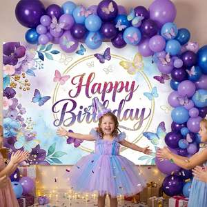 Décor de fond d'anniversaire papillon pour fille et femme, décorations papillon violettes joyeuses anniversaire, bannière d'anniversaire parfaite à l'<span class=keywords><strong>aquarelle</strong></span> florale - Product Image 4