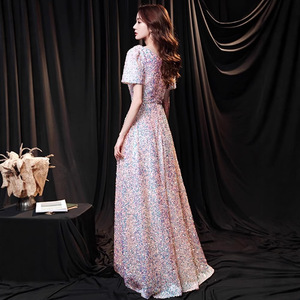 Women's Sequined Evening Gown O-Neck Natural Waist Candy Color Long Dress For Coming Of Age Ceremony - Product Image 4