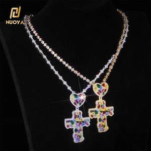 Kalung liontin salib kait cinta warna-warni NUOYA berlapis emas berlian CZ jimat kustom perhiasan Hip Hop - Product Image 1