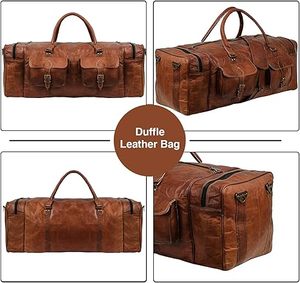 Leather Duffel Weekender Bags Inner Canvas Bag Overnight Travel <b>Carry</b> <b>on</b> Tote Bag Satchel with Adjustable <b>Luggage</b> Strap Sleeve - Product Image 4