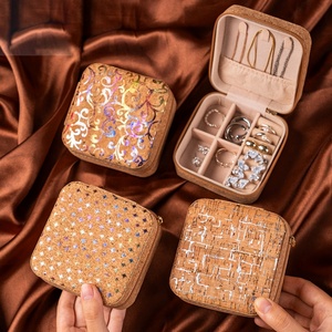 Chinese Retro High-End Square Cork Zipper Closure <b>Floral</b> Pattern Portable Jewelry <b>Box</b> for Earrings Rings Necklace Storage Stock - Product Image 1