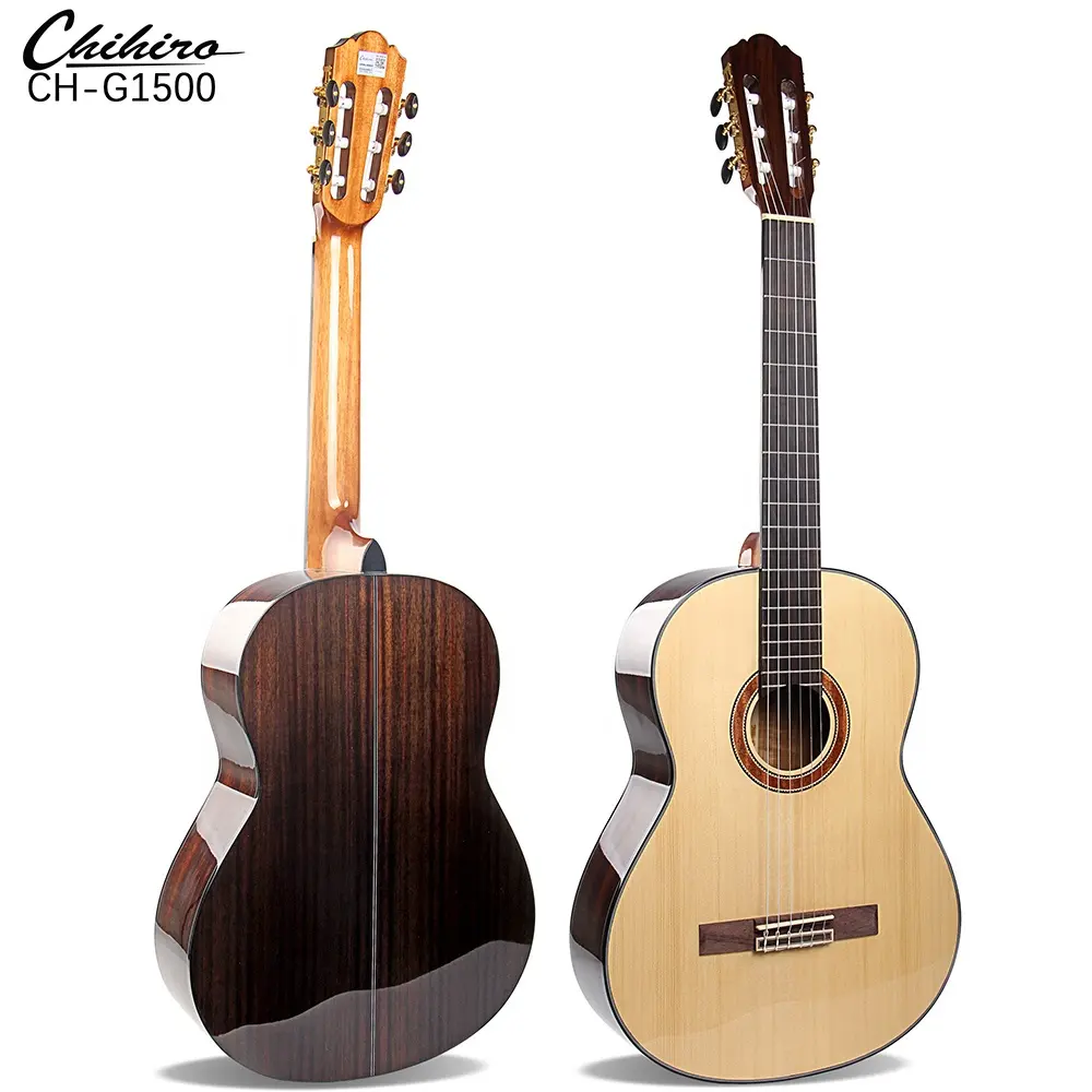 Diskon besar harga grosir gitar klasik akustik Solid Cutaway berkilap tinggi belakang Rosewood cemara 39 inci dengan wadah