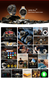 W90 Pro Smart <b>Watch</b> 1.43Inch AMOLED Touch Screen 900mah Waterproof Smartwatch LED Flashlight 100+ Sports Modes AI Health Suite - Product Image 6