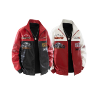 Blouson Bomber en Similicuir Style Racing, Imprimé Graphique Color Block, Col Montant, Streetwear, Veste de Motard