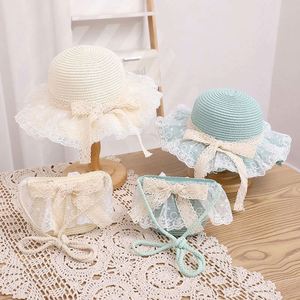 Nouvel ensemble chapeau de paille pour enfants et sac, pour filles, été, à large bord, avec bordure en dentelle et nœud en ruban de paille, protection solaire - Product Image 4