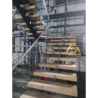 Escalier sur mesure à monopoutre avec panneaux en verre trempé, marches en noyer massif et éclairage LED encastré dans les marches