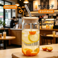 Gobelet en verre de 16 oz pour Coca-Cola avec couvercle, motif décoratif, couvercle en bambou et paille